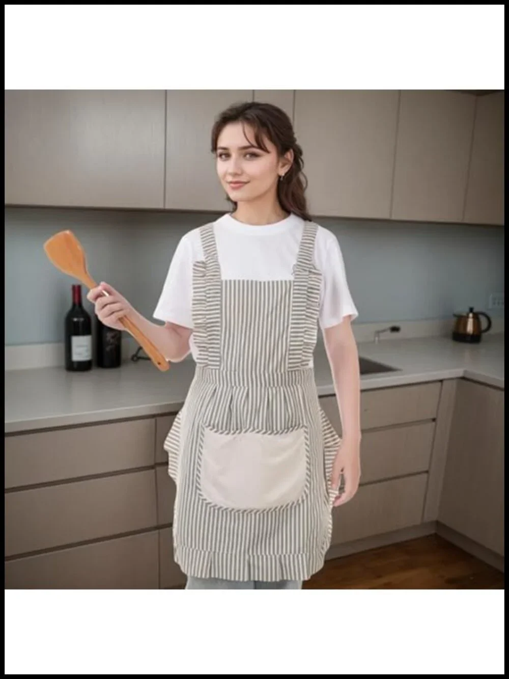 Cotton Bib Apron with Pocket, Adjustable Kitchen Apron for Cooking Baking